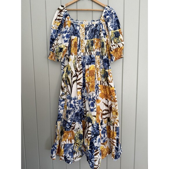 INC Dress 2X Printed Smocked Tiered Puff Sleeve Flowy Maxi Cotton Blue Gold - Picture 1 of 7